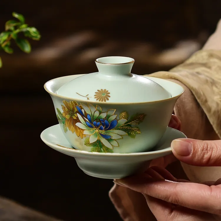 成艺汝窑三才盖碗可养可开片高端茶具复古青瓷陶瓷定制茶具礼品