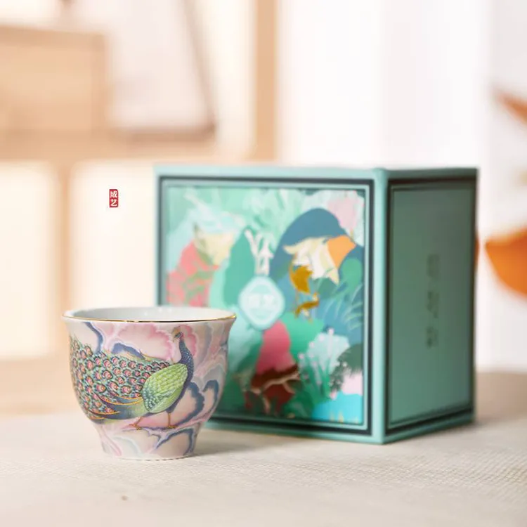 孔雀陶瓷金边高档功夫珐琅彩茶具品茗杯复古描金单杯家用礼盒装