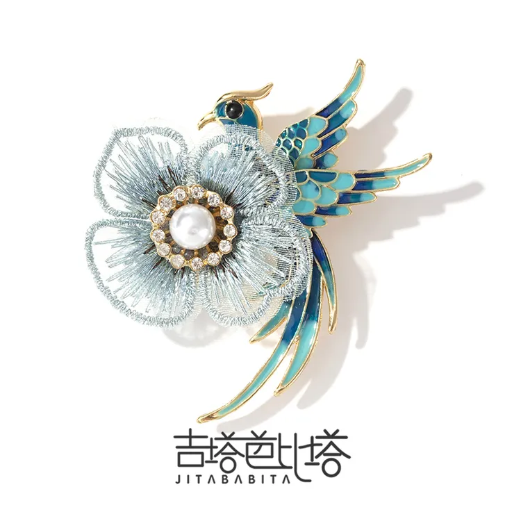 铜合金布艺胸针 蓝色布艺鸟花朵胸针饰品动物胸花  JT-369