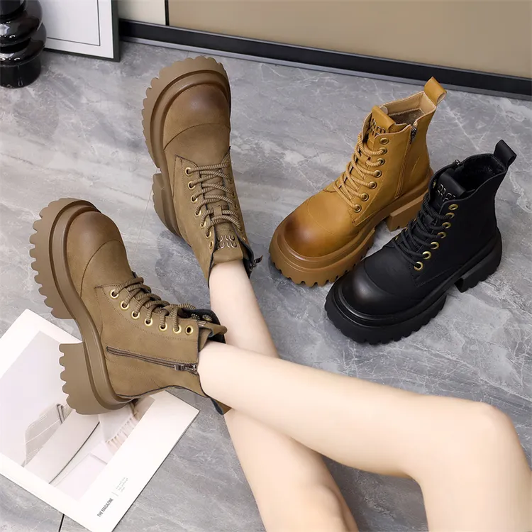 单靴厚底新款马丁靴女系带圆头秋冬加绒短靴子英伦风复古松糕百搭