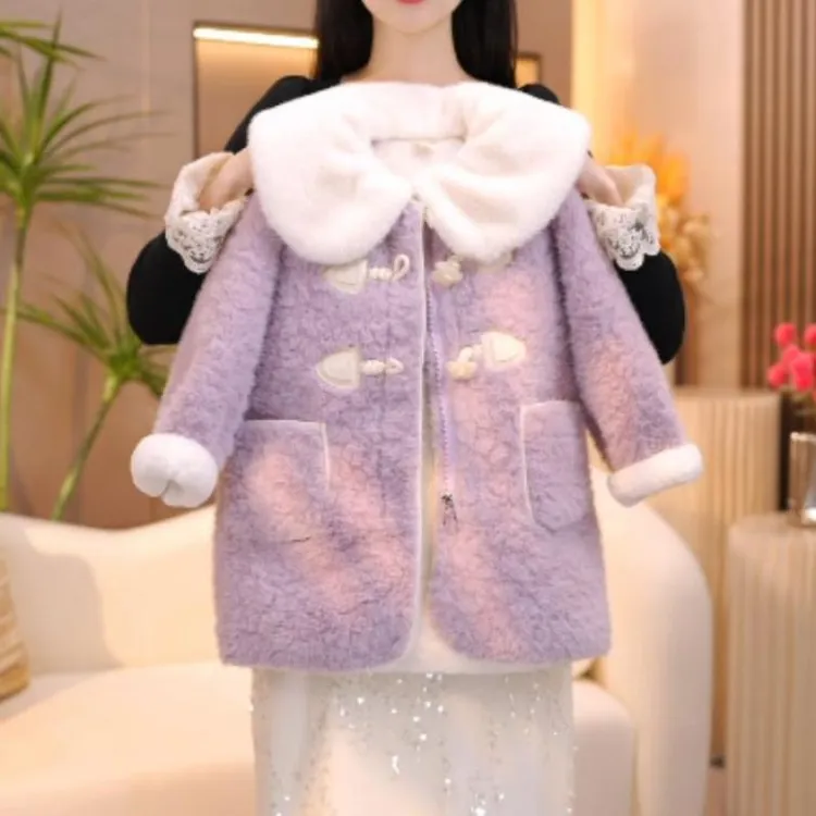 女童冬装外套时尚新款设计款洋气紫色冬季加绒加厚毛绒大衣外套潮