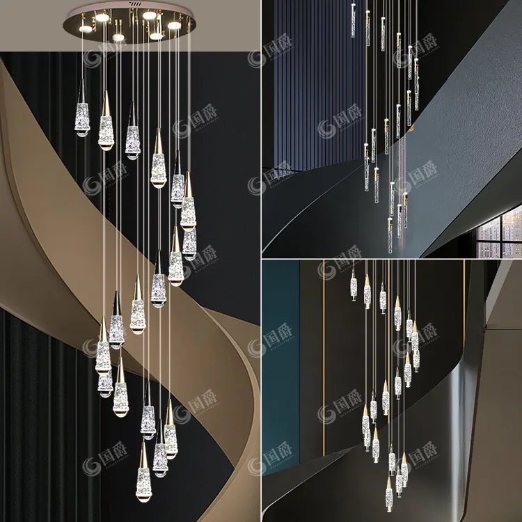 国爵源头工厂现代轻奢简约水晶楼梯吊灯高档奢华配品牌光源三色光