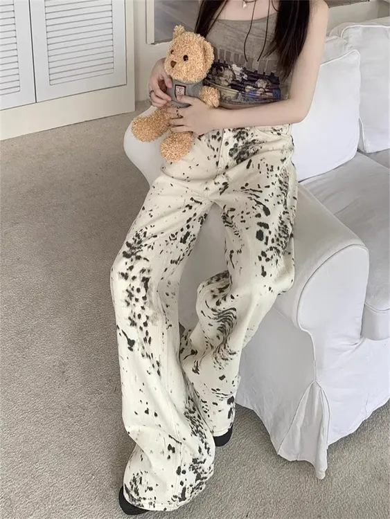 美式白色豹纹直筒牛仔裤女秋季新款高腰宽松百搭休闲阔腿拖地长裤
