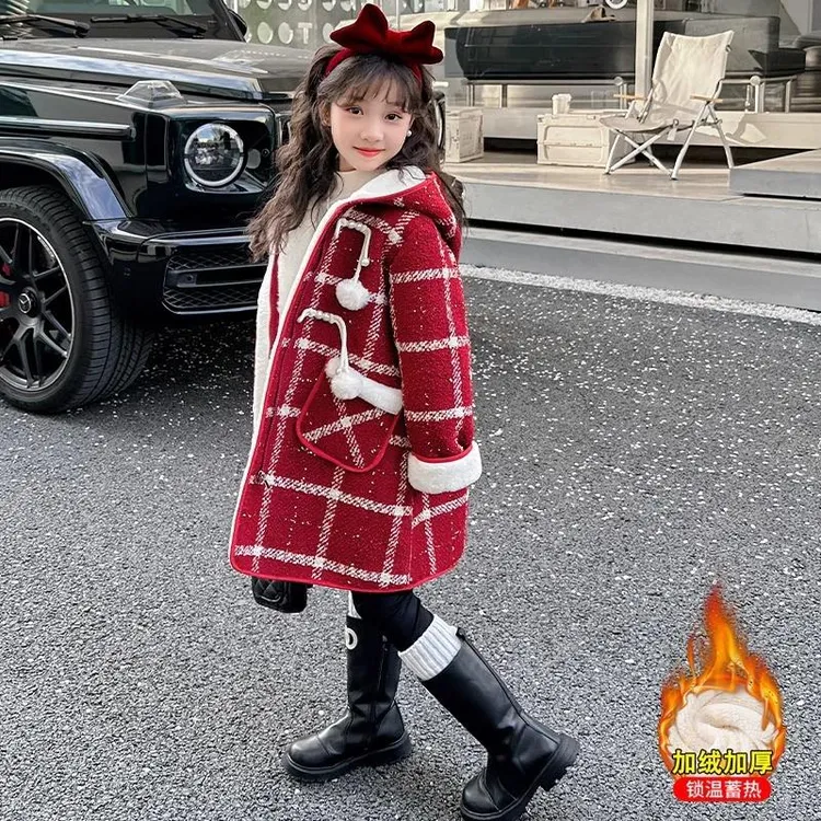 巴拉巴拉韩版2024新款女童冬装加厚加绒呢子加绒外套中长款韩版格