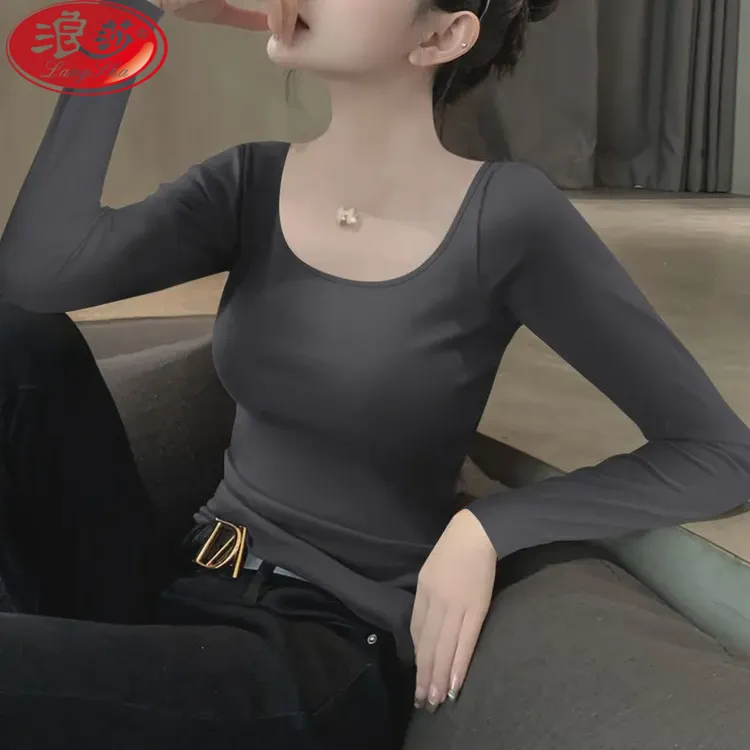 浪莎LANSWE/浪莎早秋薄款气质打底衫长袖t恤女百搭黑色显瘦衣女士