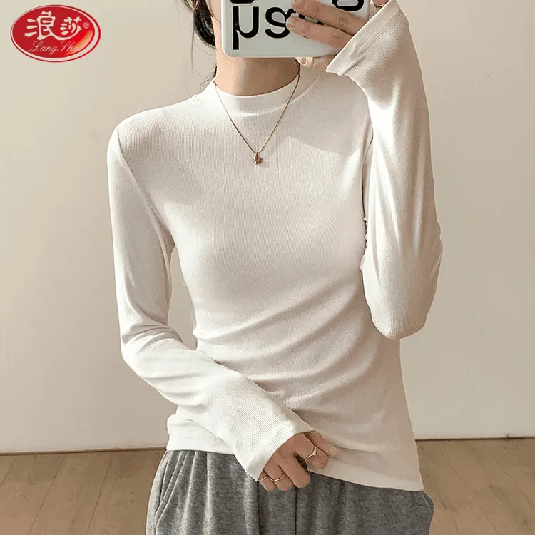 浪莎LANSWE/艾格白色洋气长袖T恤女春秋新款上衣冬季螺纹内搭显瘦