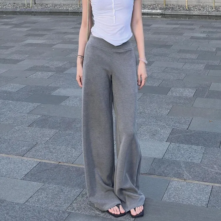 春秋灰色直筒阔腿拖地裤子高腰宽松显瘦黑色拼接冬季休闲运动裤女