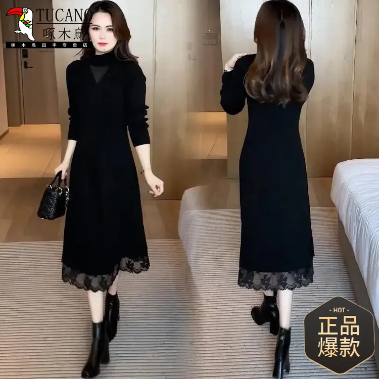 啄木鸟时尚连衣裙女2024秋冬新款洋气质显瘦中长款蕾丝拼接针织打