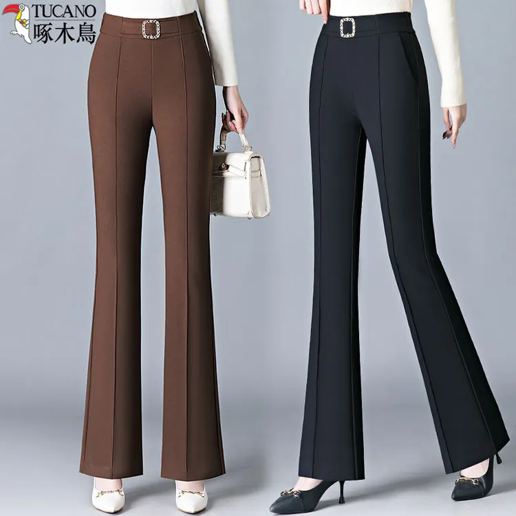 啄木鸟爆款显瘦休闲裤喇叭裤休闲九分新款修身黑色女裤百搭高腰