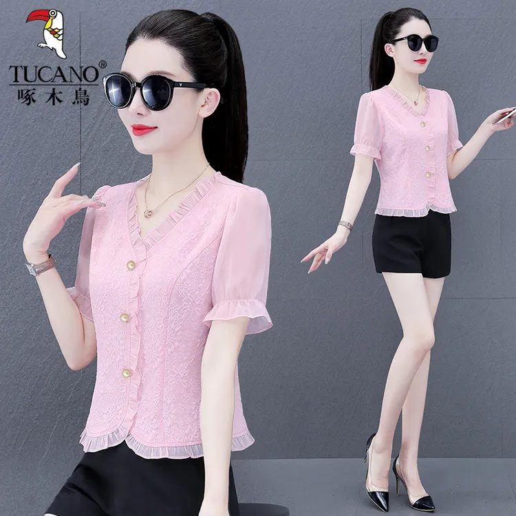 啄木鸟正品气质显瘦雪纺衫女夏季新款时尚蕾丝边洋气减龄百搭上衣