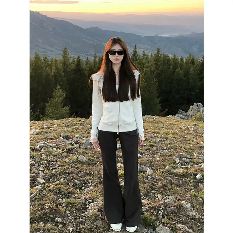 春季花灰色修身连帽卫衣外套女春秋爆款2025新款拉链百搭上衣即墨