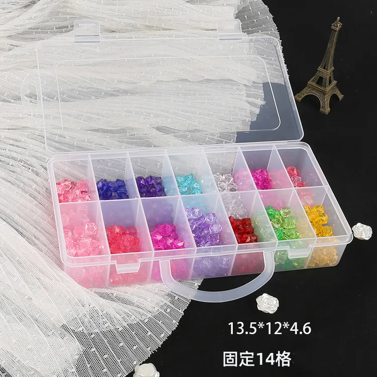 带提手14格珠子固定收纳盒便携式家用分格多格透明长方形防尘盒子