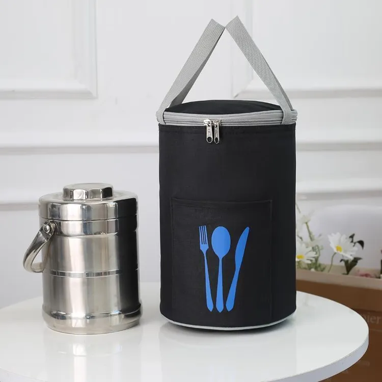 手提加厚防水定形圆桶铝箔保温饭盒袋日式便当包纯色牛津布保冷包