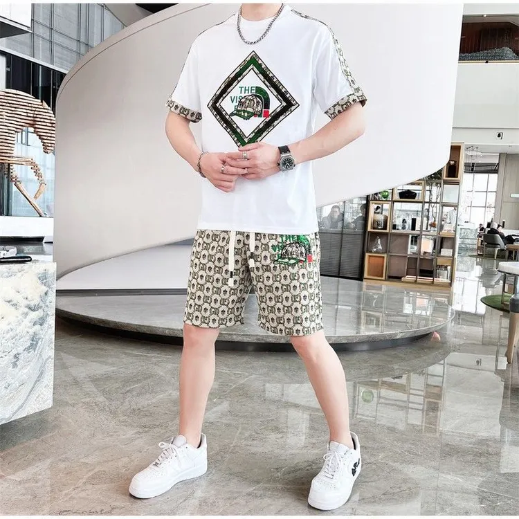 欧货夏季新品潮流男装时尚刺绣短裤男士短袖t恤两件套休闲套装男