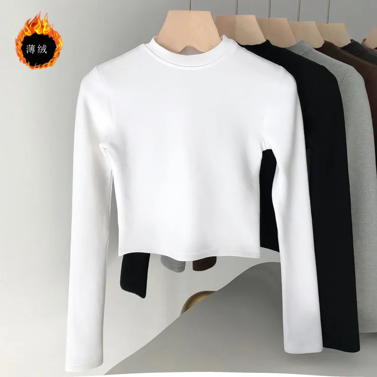 2024秋冬小立领长袖女T恤 修身短款简约气质短款上衣内搭打底衫棉