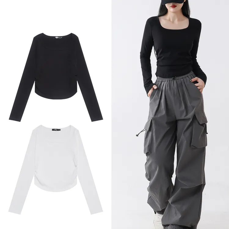 秋季u领正肩短款长袖t恤女褶皱收腰打底显瘦配工装裤的爵士舞上衣