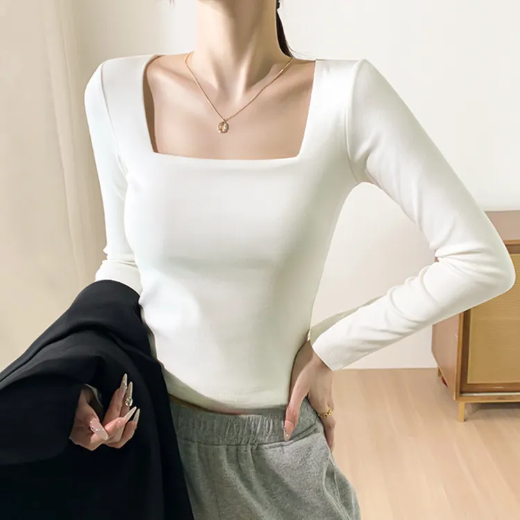 白色棉螺纹方领长袖t恤女秋2024新款紧身高腰露脐打底衫内搭上衣