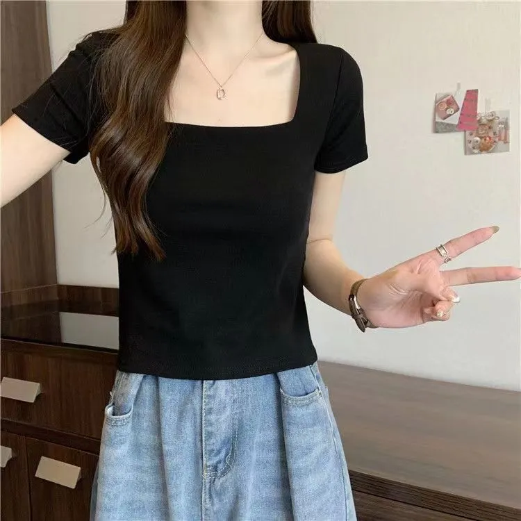 设计感小众正肩法式方领短袖T恤女夏辣妹短款高腰修身显瘦上衣潮