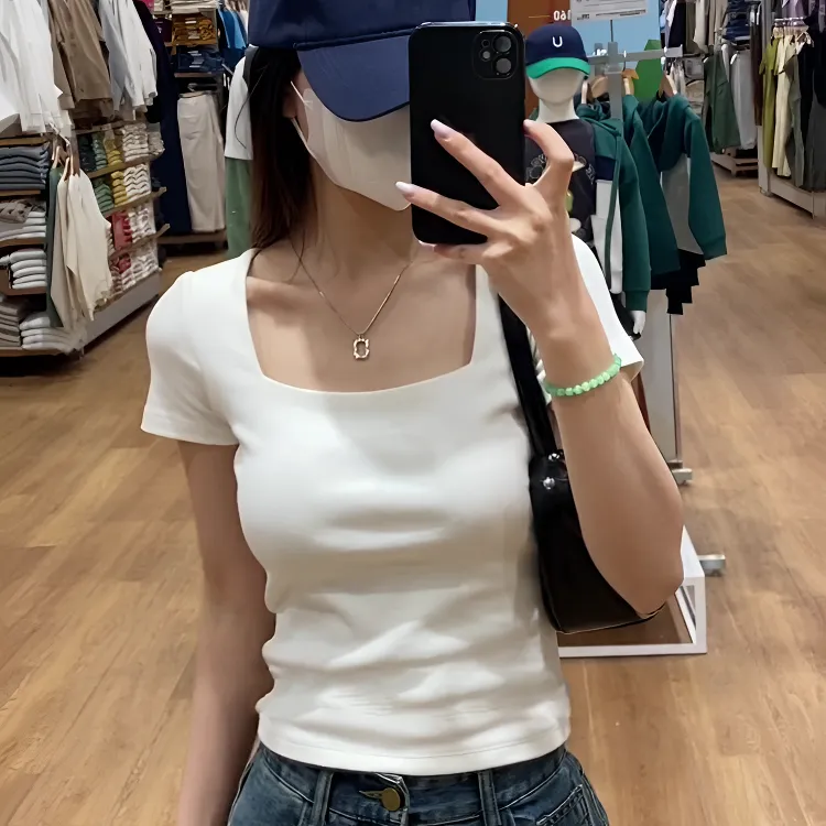 法式方领露锁骨纯色短袖T恤女2024夏季新款修身显瘦百搭短款上衣