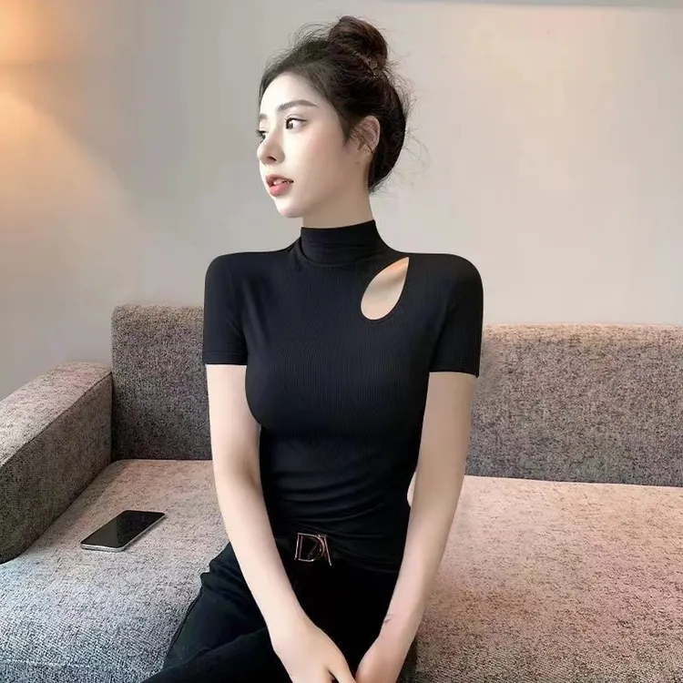 螺纹弹力半高领修身短袖t恤女夏季镂空正肩设计感大码打底衫上衣