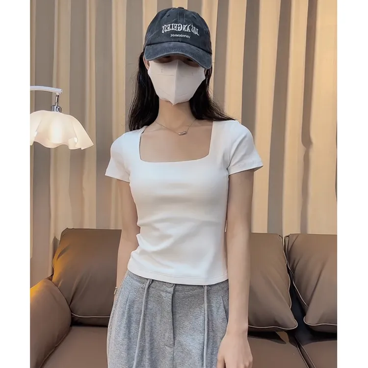 白色上衣方领短袖时髦t恤女夏季新款低领露锁骨内搭女装弹力螺纹