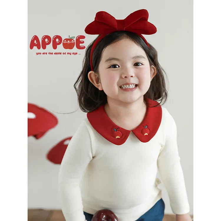 吾里卜一 女童撞色翻领打底衫修身款秋季可爱香甜苹果绣花休闲T恤