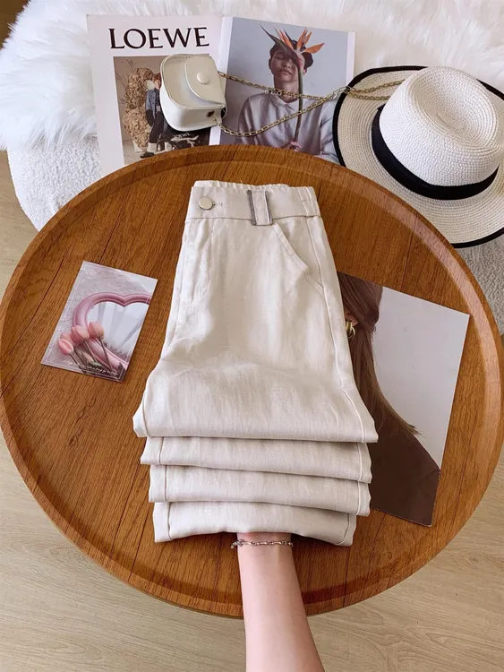 高档天 丝亚麻窄版直筒裤高腰扣腰显瘦百搭女裤遮肉显瘦 6731