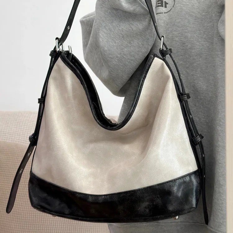 复古撞色托特水桶包女2025新款高级感大容量通勤包百搭单肩斜挎包