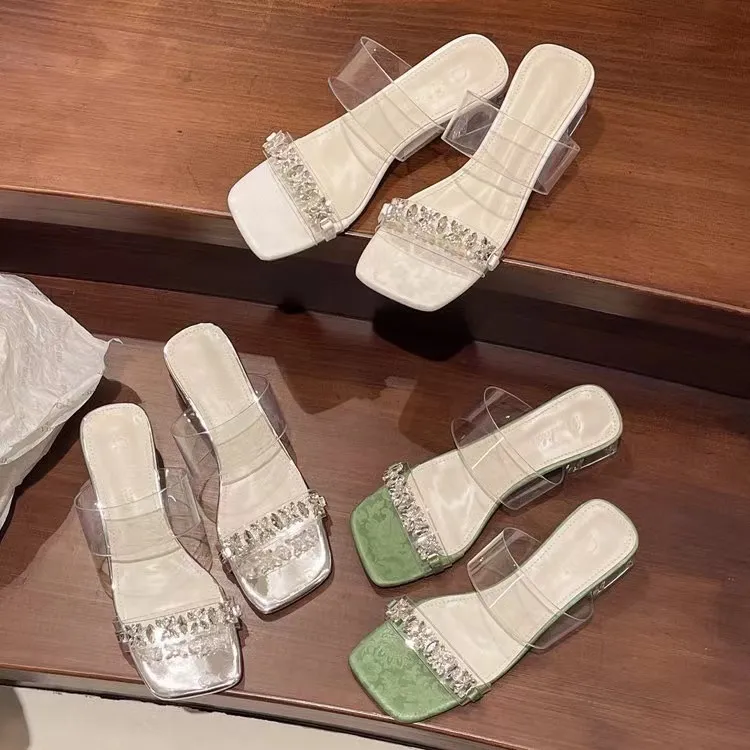 夏季外穿绝美2024年露趾法式高级感配裙子粗跟凉鞋透明水晶凉拖鞋