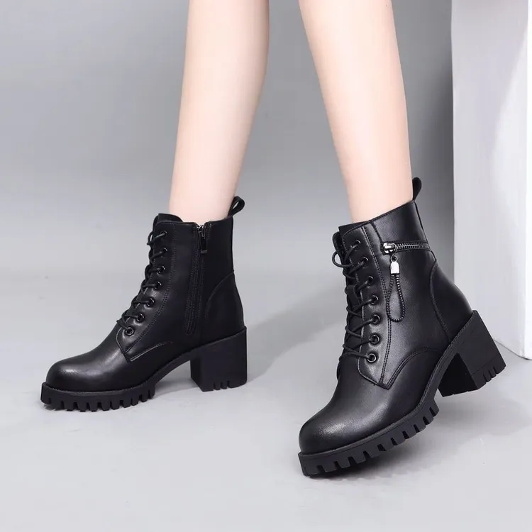 秋冬季新款百搭时尚粗跟短靴侧拉链中跟厚底马丁靴