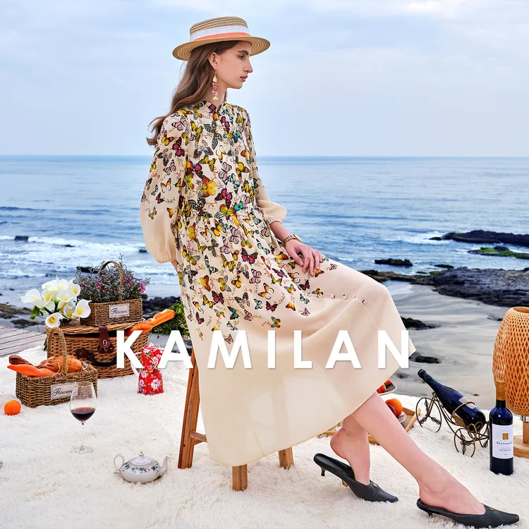 [100桑蚕丝]卡米兰复古度假真丝连衣裙女2024春夏新款印花中长裙