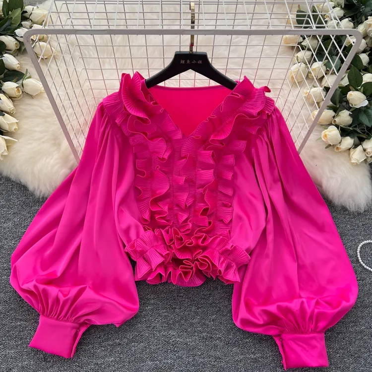 名媛风高级感灯笼袖衬衫女秋季木耳边宽松显瘦设计轻奢气质上衣潮