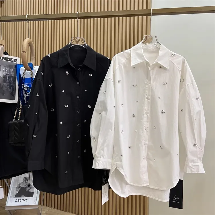 轻奢高端潮牌女装欧货轻奢法式手缝水钻翻领棉质衬衫衬衣玫红上衣