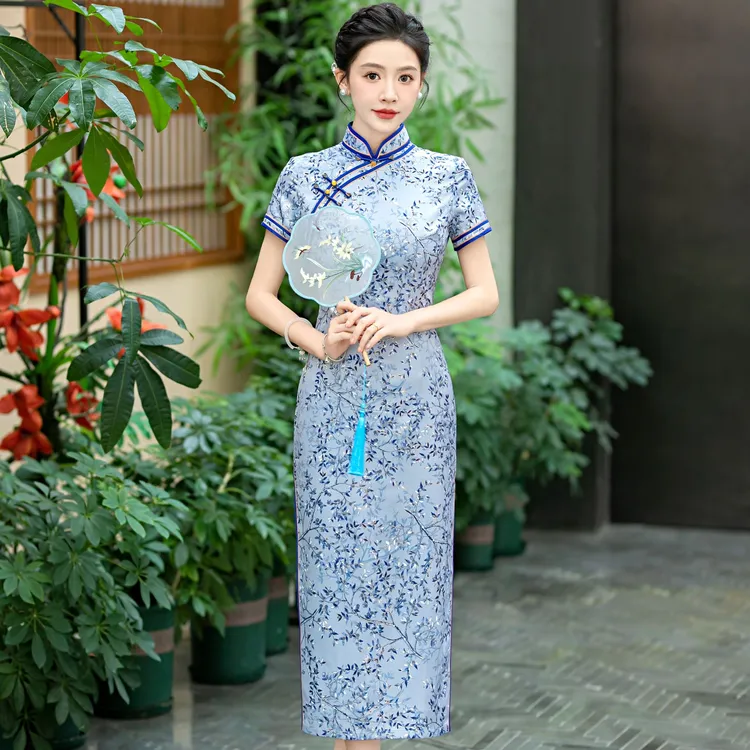 金枝玉叶裙子缎丝旗袍手工长款漂亮旗袍气质显瘦女款修身