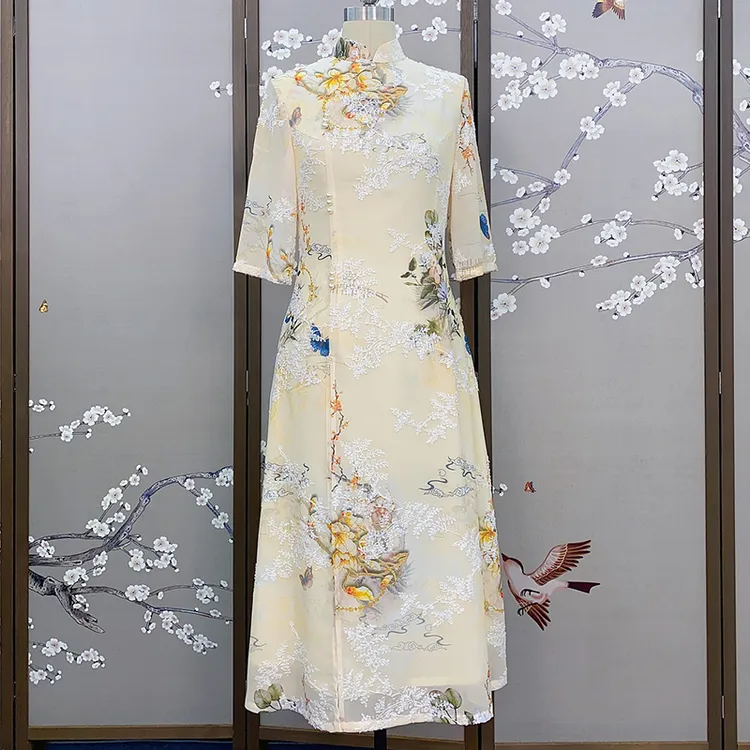 百花齐放改良遮肚中长款旗袍裙夏季日常印花显瘦修身中国风旗袍