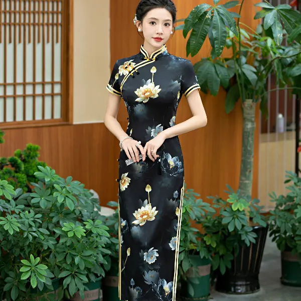 2025金莲花夏季新款显瘦高级中国风缎丝旗袍手工长款旗袍气质显瘦