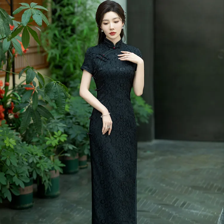 夏季新款玫瑰高级提花中国风缎丝旗袍手工长款旗袍缎丝气质显瘦