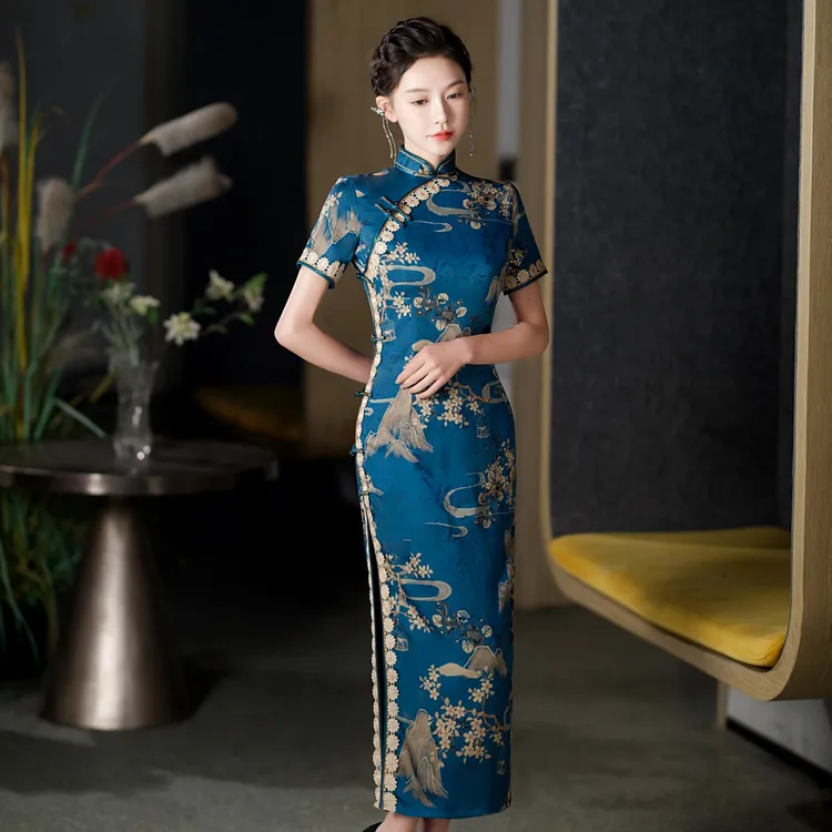 夏季新款蓝色山水画墨云锦缎丝旗袍手工长款旗袍遮肚子真丝裙子