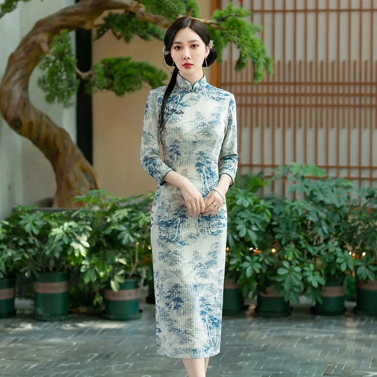 江山如画复古国风传统九分袖秋款曼丽绒改良长款日常气质改良旗袍