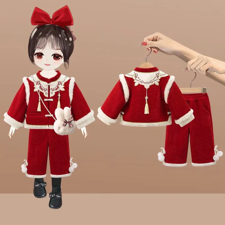 红色拜年服秋冬女加厚周岁礼服洋气中国风汉服儿童冬季过年服童装