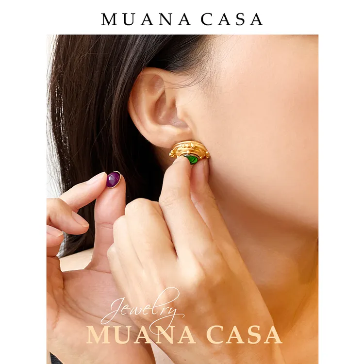 铜合金玻璃耳饰 MUANACASA复古可换琉璃耳钉耳夹简约原创42615