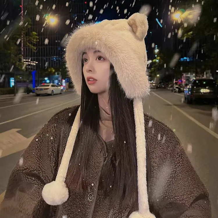 可爱帽子加绒百搭毛绒帽女生冬季显脸小骑车保暖护耳送闺蜜雷锋帽