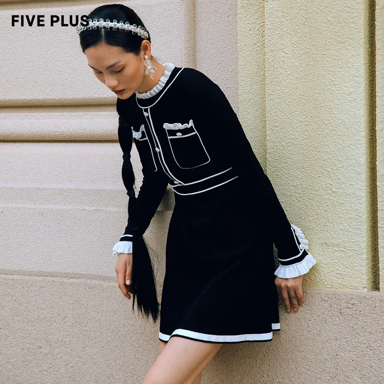 FIVE PLUS新款小香风连衣裙法式高腰花边毛织裙2TN1081130