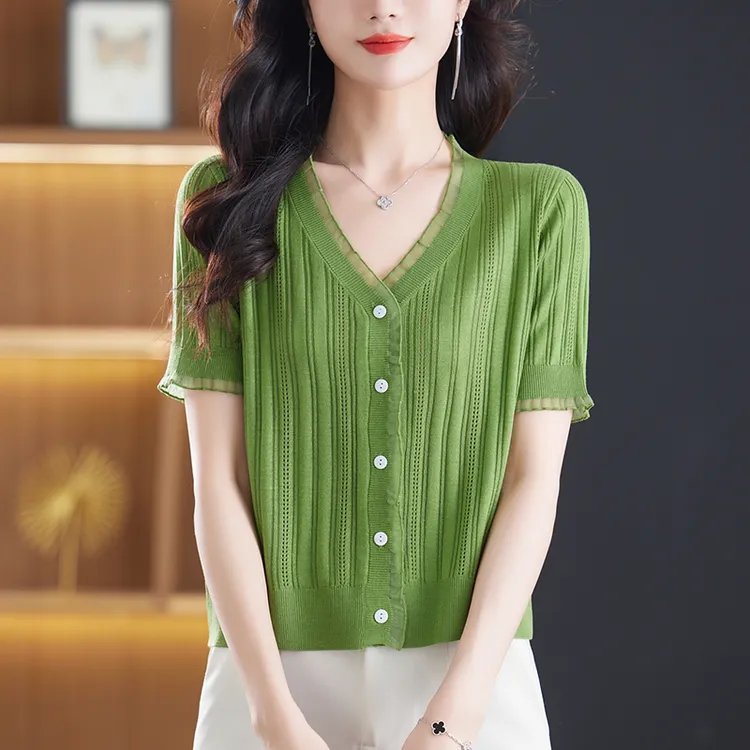 小个子夏季V领韩版轻奢短袖女T恤2025新款高档洋气针织镂空上衣女