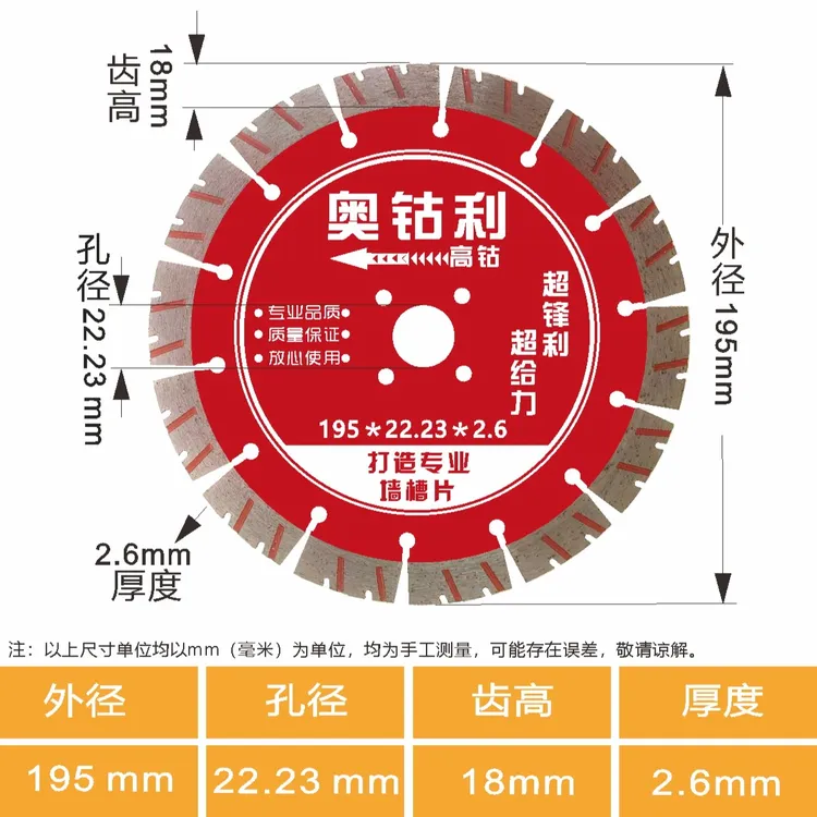 奥钴利195超锋利型墙壁开槽片专业水电工开槽切割片锯片195毫米