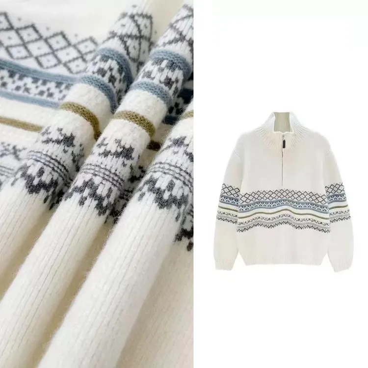 秋冬新款韩版立领半拉链提花工艺针织衫套头毛衣女1239