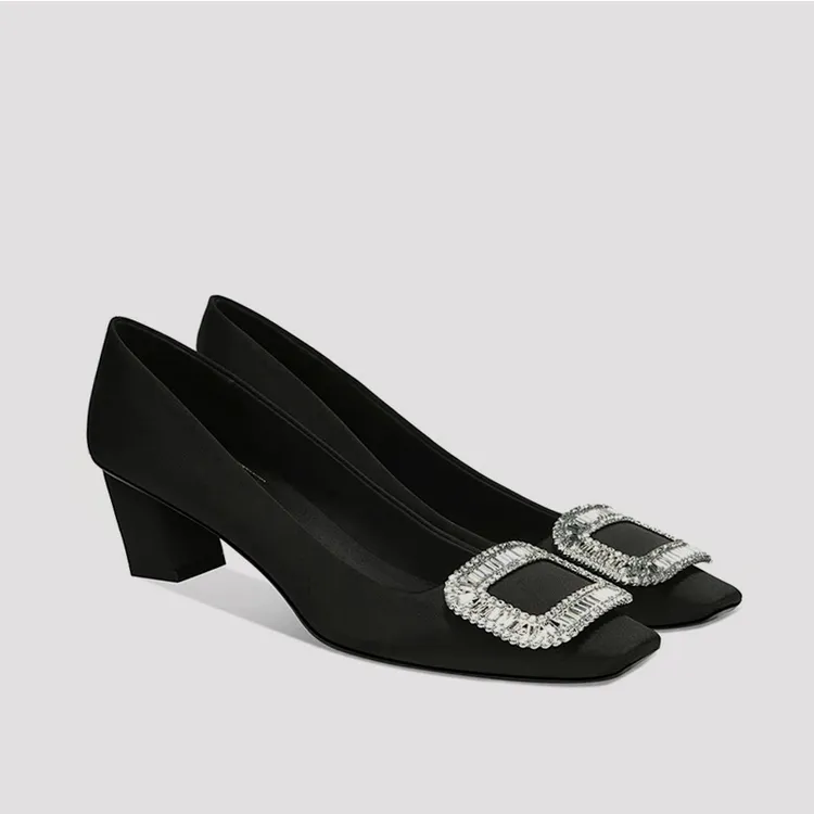 【R家高定系列】黑色水钻方头百搭时尚高跟鞋女2025气质粗跟单鞋女