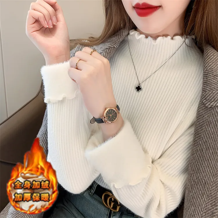 一体绒打底衫毛衣女半高领加绒加厚保暖内搭秋冬大码套头针织上衣