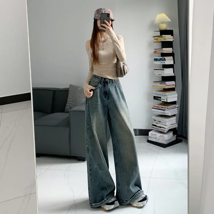 复古高腰大阔腿牛仔裤女2025春季爆款宽松显瘦卷边设计感拖地裤子
