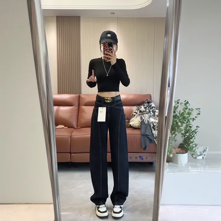 丹宁蓝牛仔弯刀裤女高腰显瘦2025秋季新款拼接百搭宽松阔腿镰刀裤